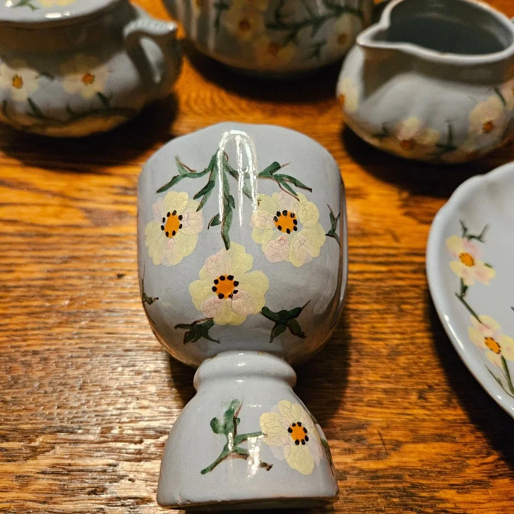 FB Italy Vintage Hand Painted Floral Tea Set Blue Ceramic Teapot Creamer Sugar
